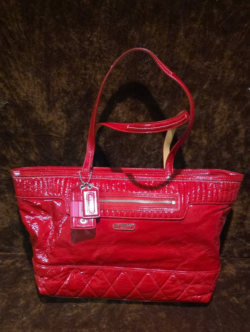 Coach Red Patent Leather Tote with Quilted Base